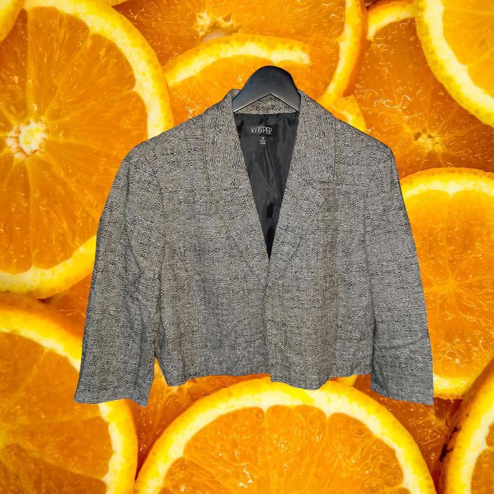 New Kasper Open Front Gray White‎ Black Blazer Size 16